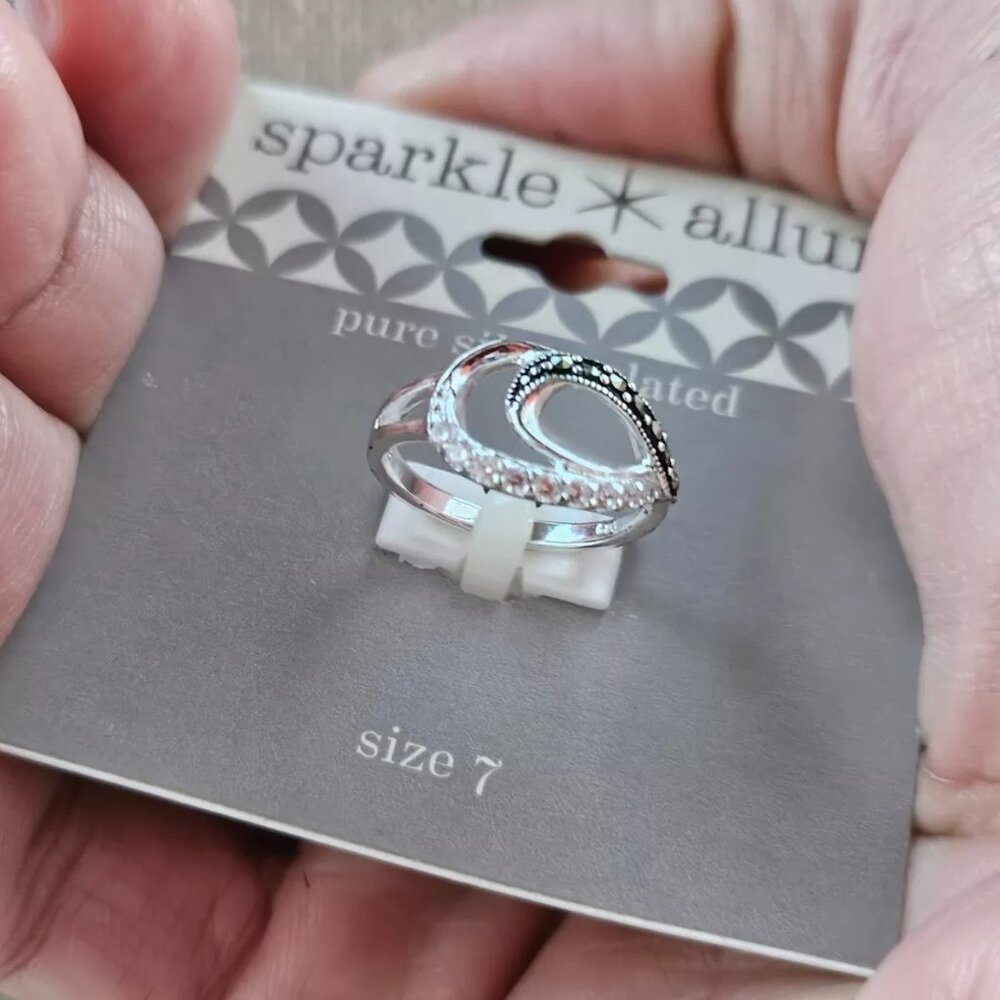 Sparkle Alllure Women Rings Pure Silver Plated Silver/Black Tone Size 7 $42